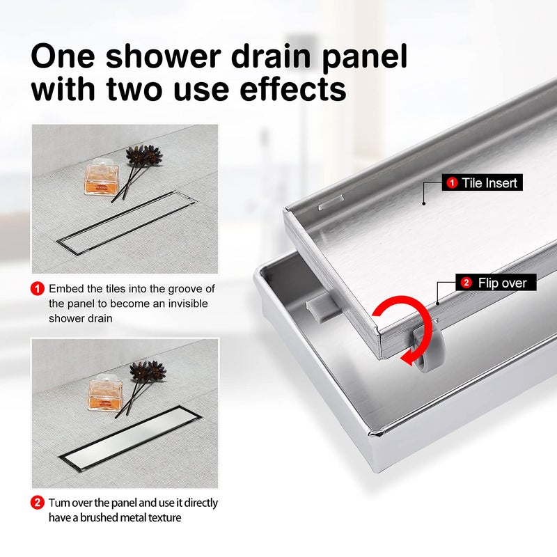 SaniteModar Linear Shower Drain, Shower Drain 12 inch Tile Insert 2 in 1 Panels, 304 Stainless Steel Brushed Shower Floor Drain, Shower Drain with Adjustable Feet and Hair Filters - Image 4